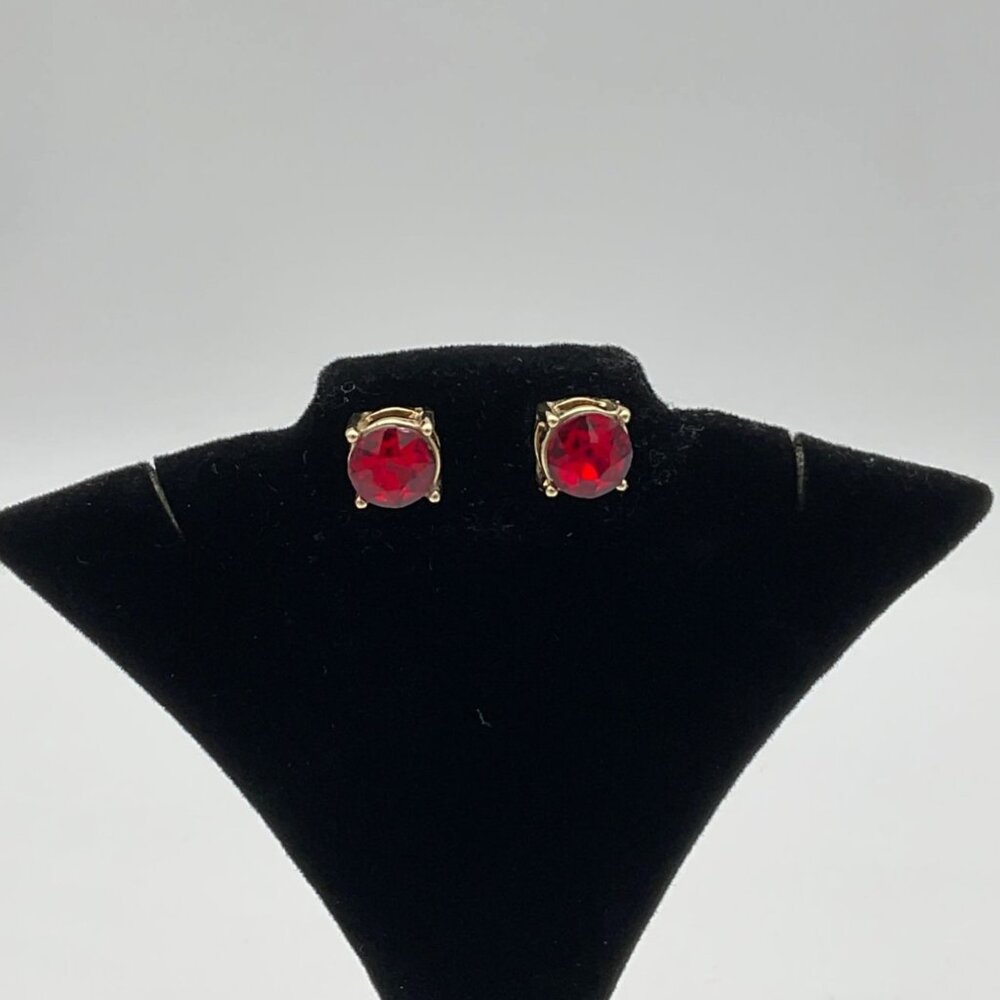 Ruby Red Rhinestone Round Cut Gold Tone Pierced Stud Earrings 0.25in